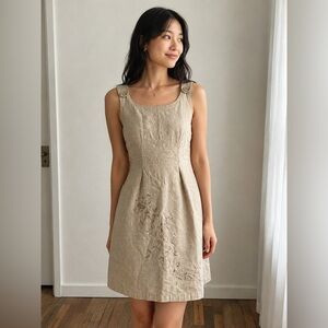 Sara Bond Vintage Beige 100% Linen Floral Embroidered Sleeveless Dress - M